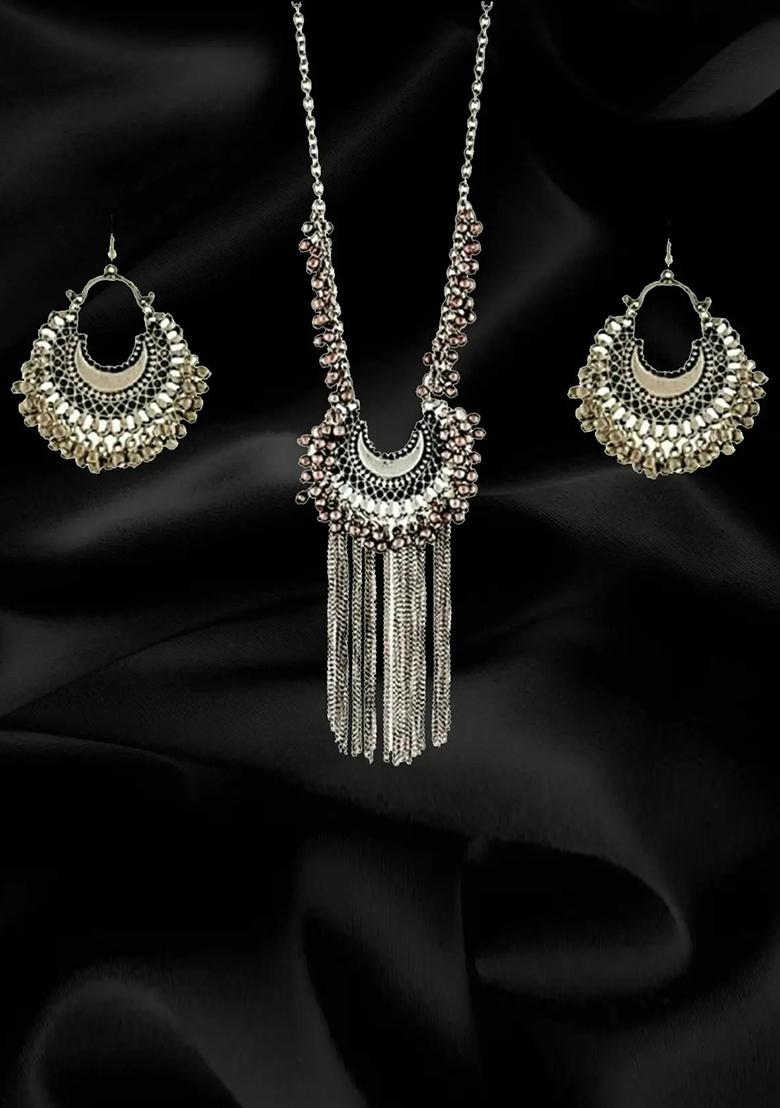 Silver Chand Style Long Necklace Set For Women