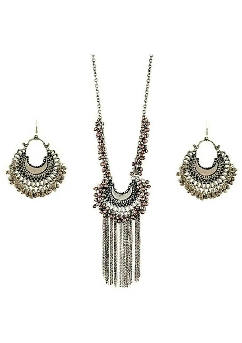 Silver Chand Style Long Necklace Set For Women