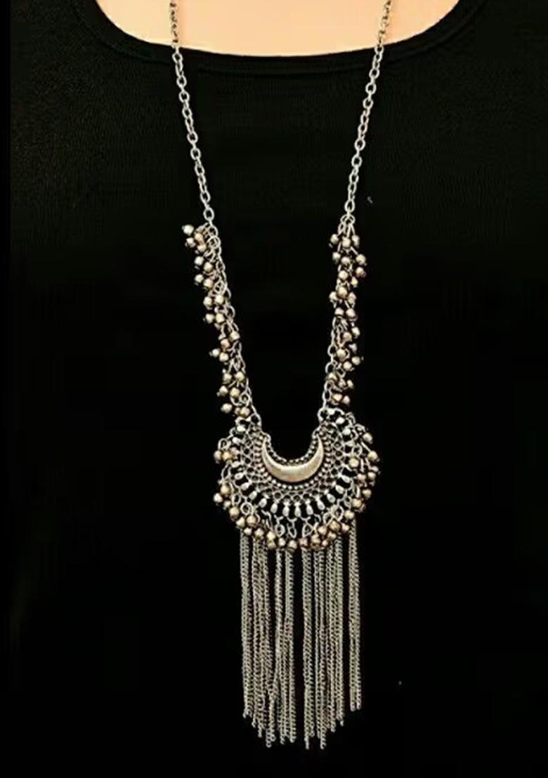 Silver Chand Style Long Necklace Set For Women