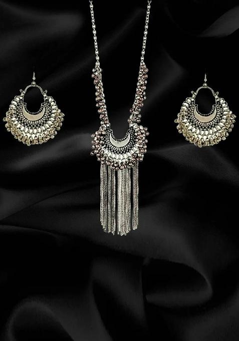 Silver Chand Style Long Necklace Set For Women