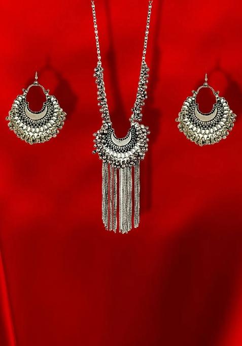 Silver Chand Style Long Necklace Set For Women