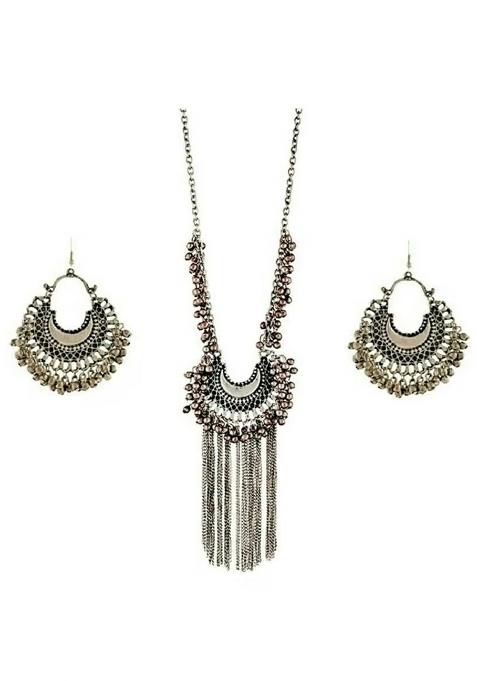Silver Chand Style Long Necklace Set For Women