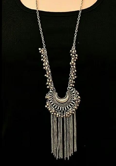 Silver Chand Style Long Necklace Set For Women