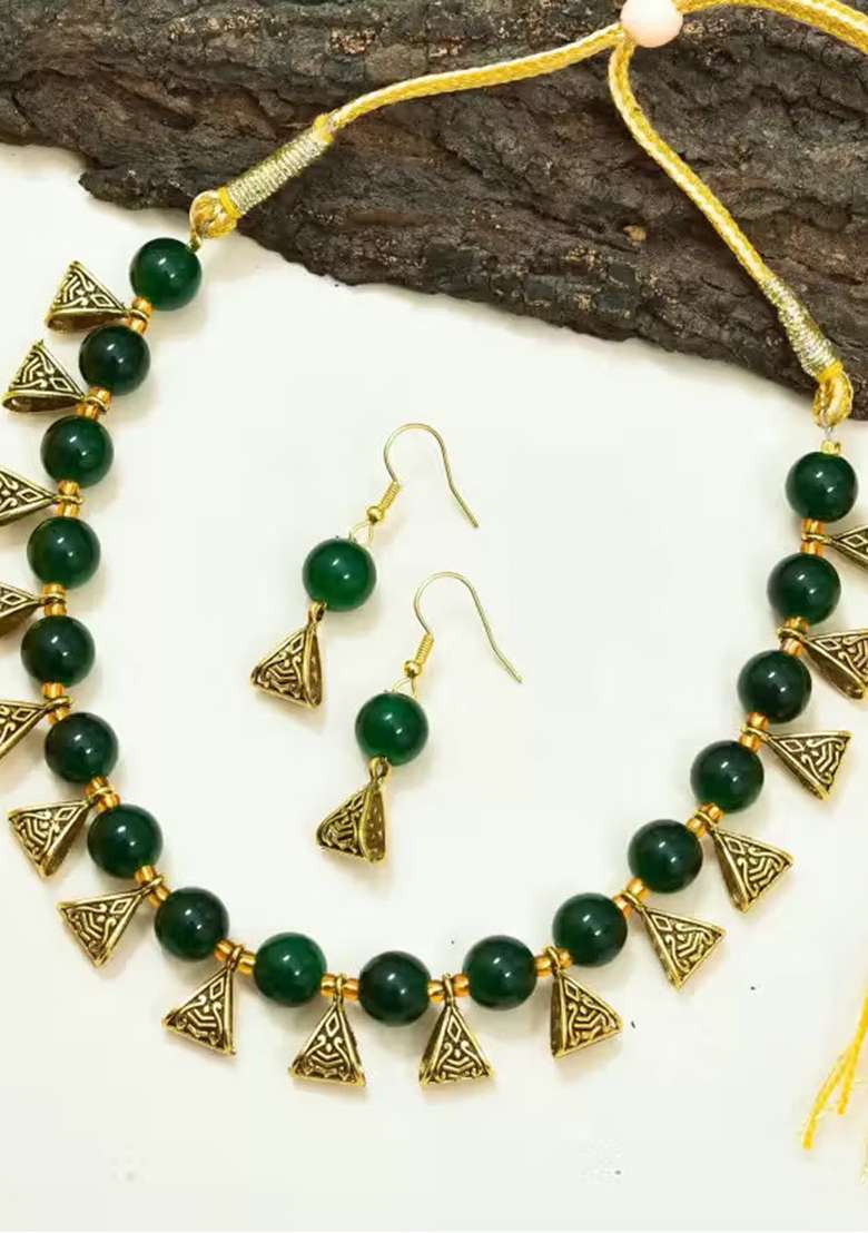 Green And Golden Triangle Beads Necklace For Women - Indya