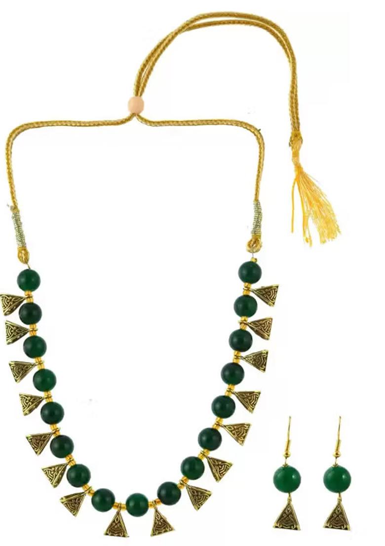 Green And Golden Triangle Beads Necklace For Women
