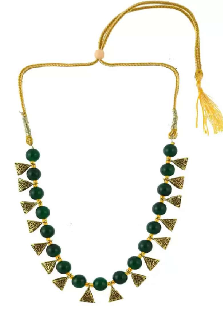 Green And Golden Triangle Beads Necklace For Women - Indya