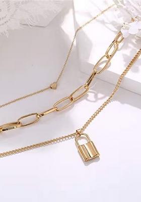 Golden 3 Layer Heart Lock Pendant Necklace For Women