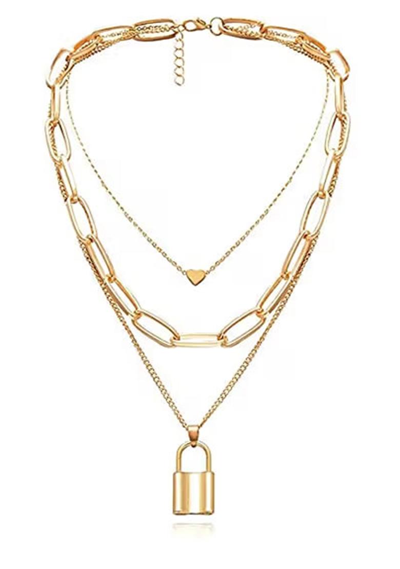 Golden 3 Layer Heart Lock Pendant Necklace For Women