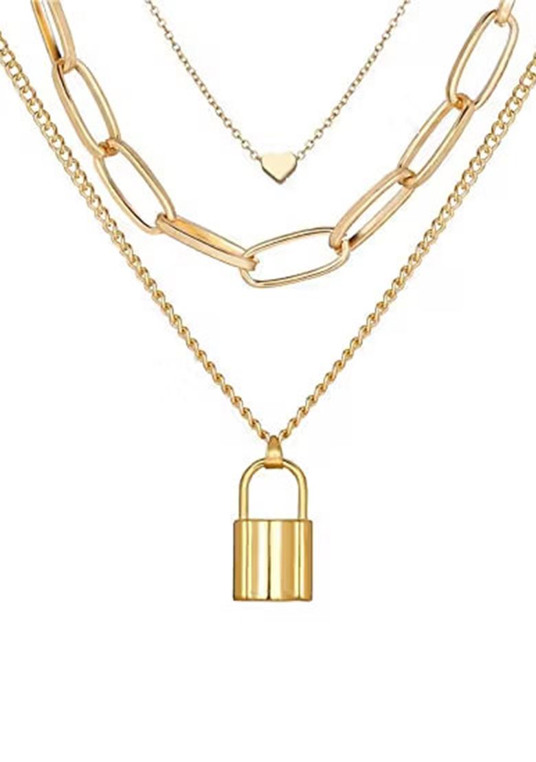 Golden 3 Layer Heart Lock Pendant Necklace For Women