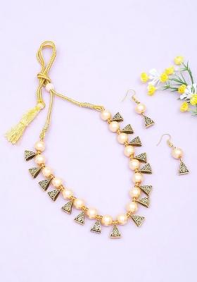 Cream And Golden Triangle Beads Necklace For Women