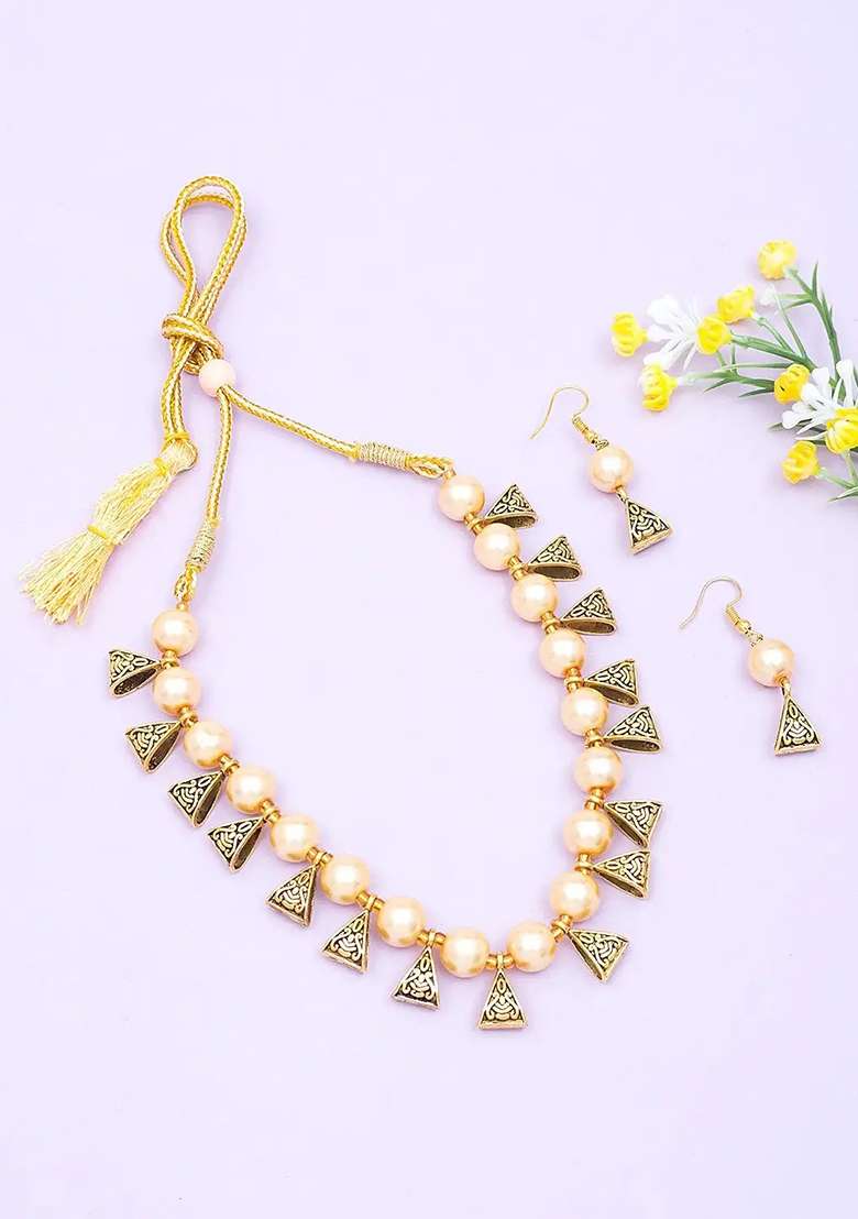Cream And Golden Triangle Beads Necklace For Women - Indya