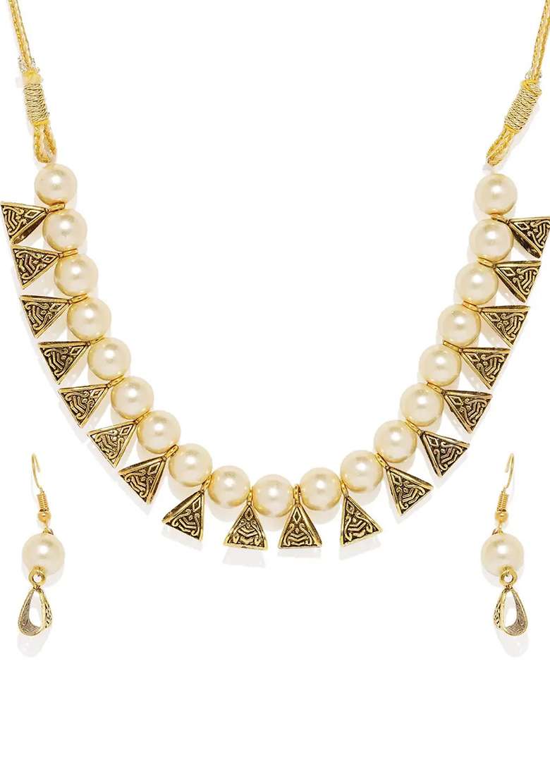 Cream And Golden Triangle Beads Necklace For Women - Indya