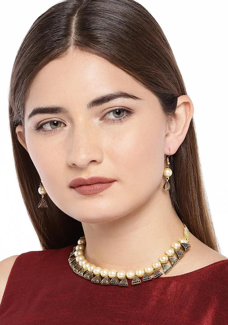 Cream And Golden Triangle Beads Necklace For Women