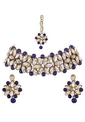 Golden Leaf And Blue Beads Necklace Set For Women