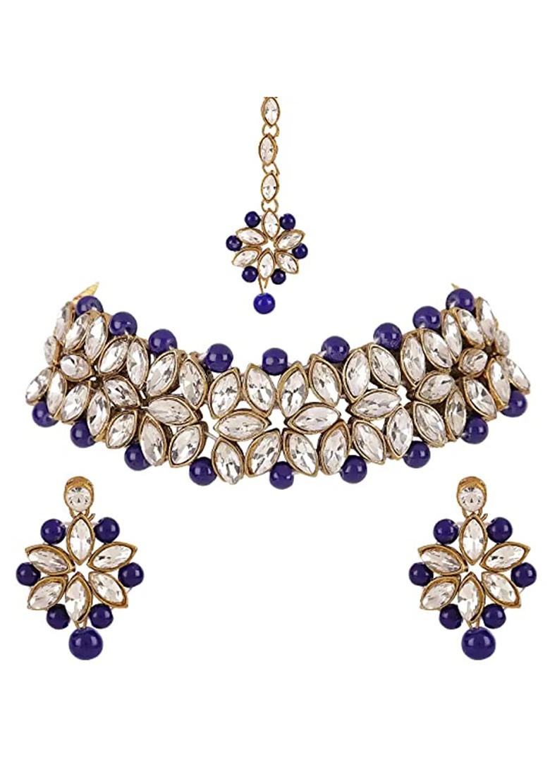 Golden Leaf And Blue Beads Necklace Set For Women