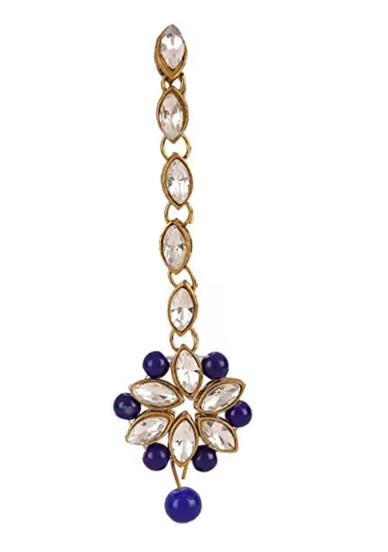 Golden Leaf And Blue Beads Necklace Set For Women