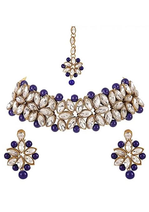 Golden Leaf And Blue Beads Necklace Set For Women