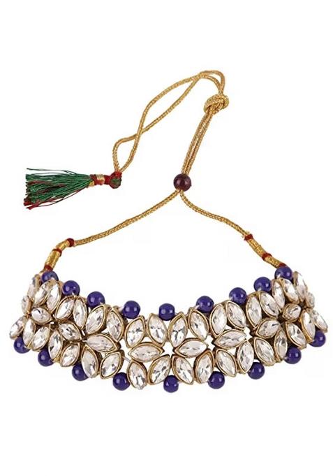 Golden Leaf And Blue Beads Necklace Set For Women