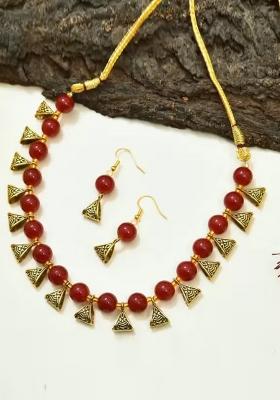 Maroon And Golden Triangle Beads Necklace For Women