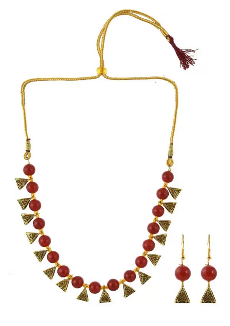 Maroon And Golden Triangle Beads Necklace For Women
