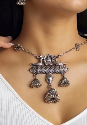 Oxidised Long Necklace With Two Birds Pendant For Women
