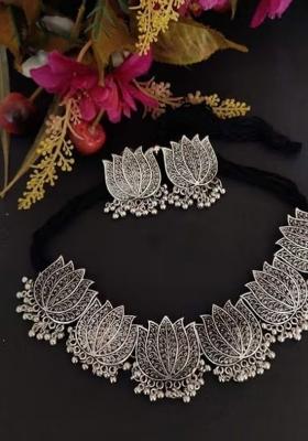 Oxidised Lotus Choker Necklace For Women
