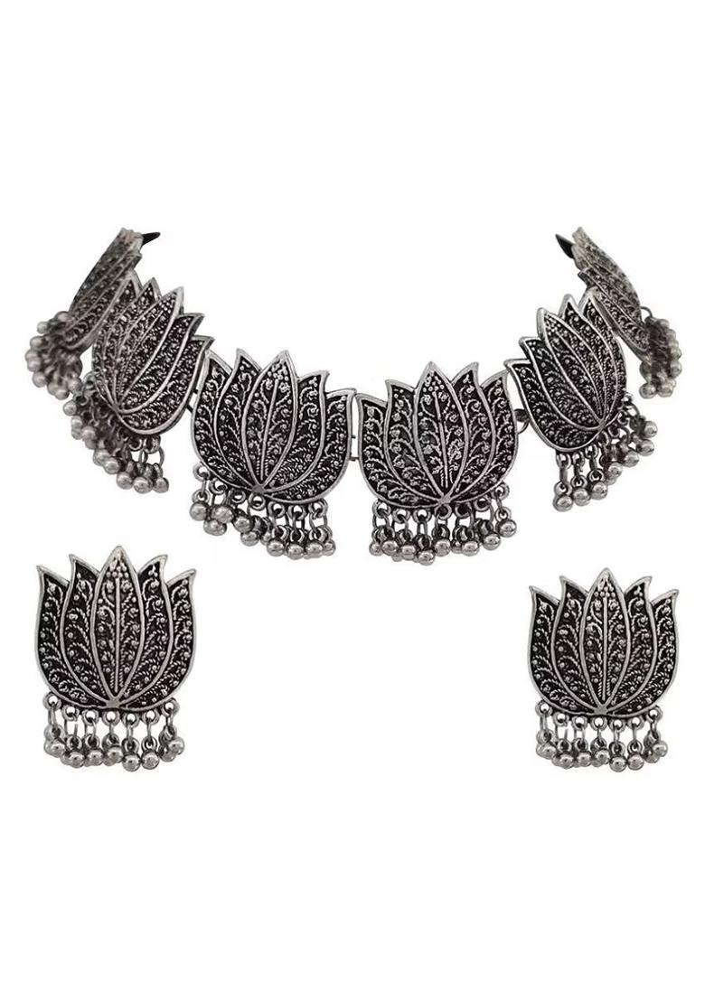 Oxidised Lotus Choker Necklace For Women
