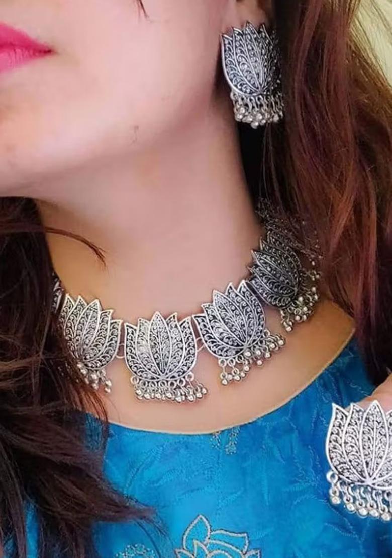 Oxidised Lotus Choker Necklace For Women