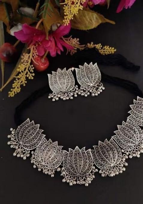 Oxidised Lotus Choker Necklace For Women