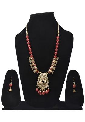 Red Beads Elephant Pendant Long Necklace For Women