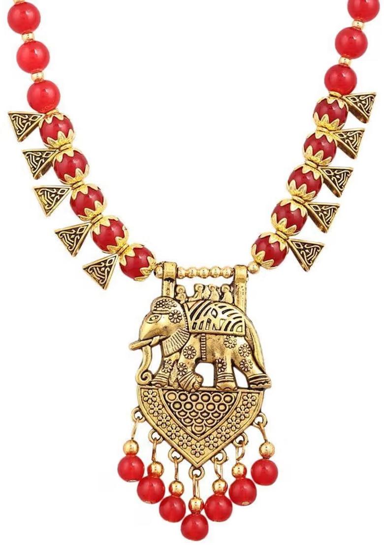 Red Beads Elephant Pendant Long Necklace For Women