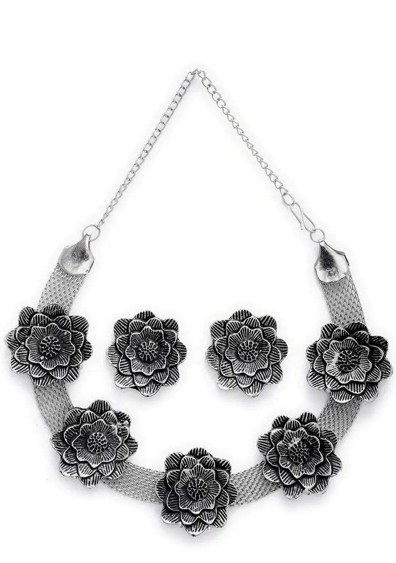 Oxidised Flower Design Choker Necklace For Women