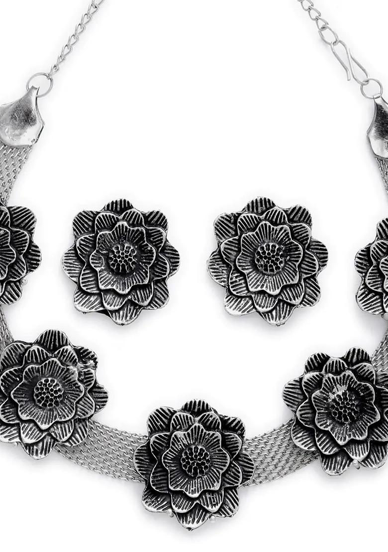 Oxidised Flower Design Choker Necklace For Women