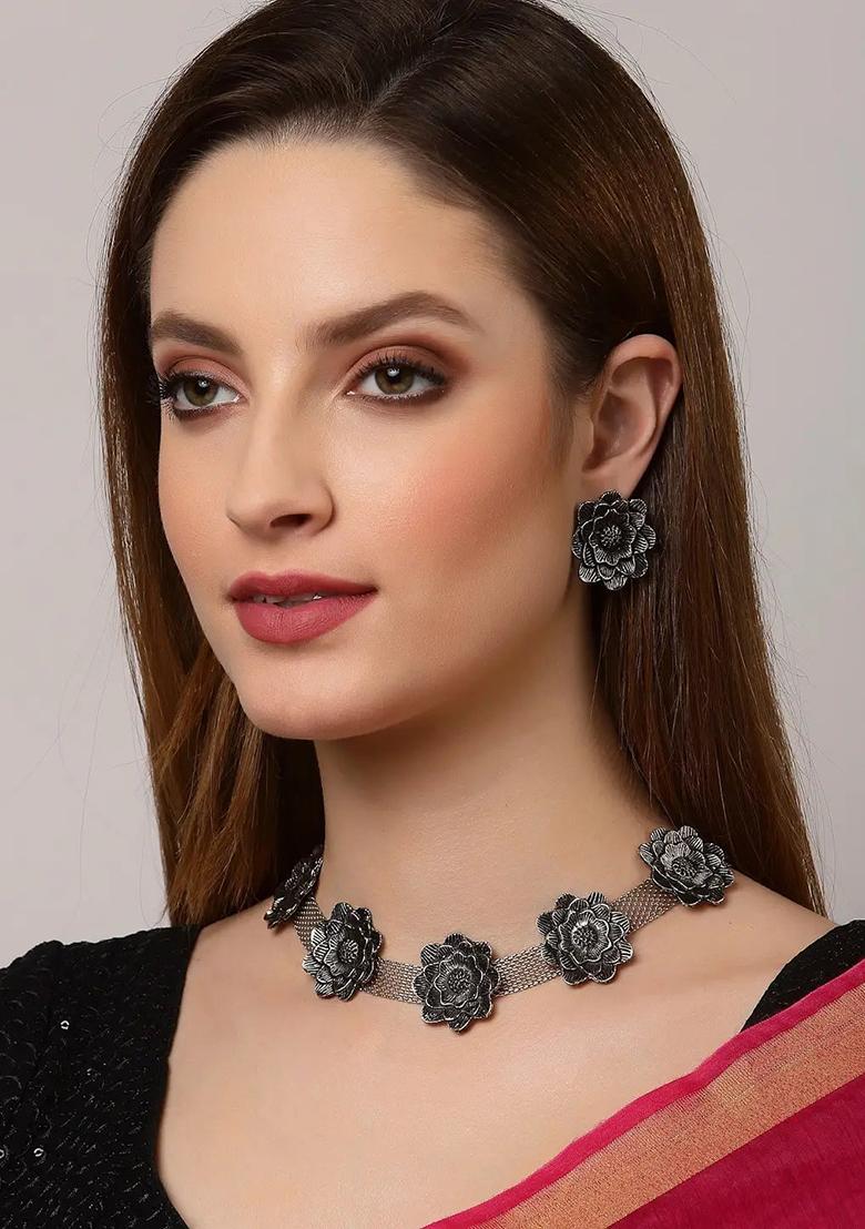 Oxidised Flower Design Choker Necklace For Women