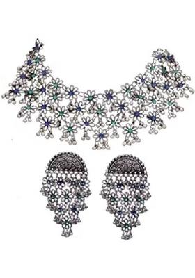 Blue And Green Dots Flower Choker Necklace For Women