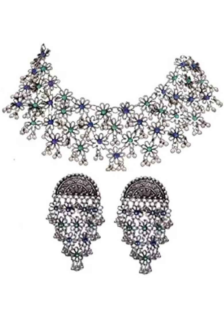 Blue And Green Dots Flower Choker Necklace For Women