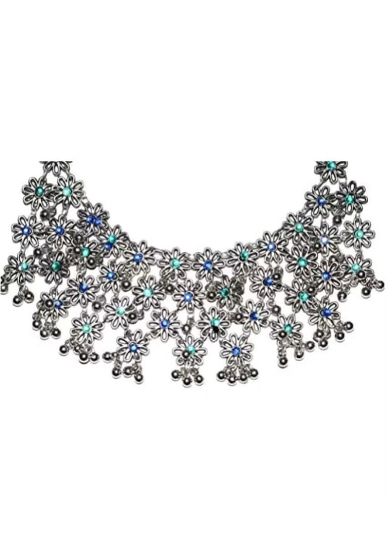 Blue And Green Dots Flower Choker Necklace For Women