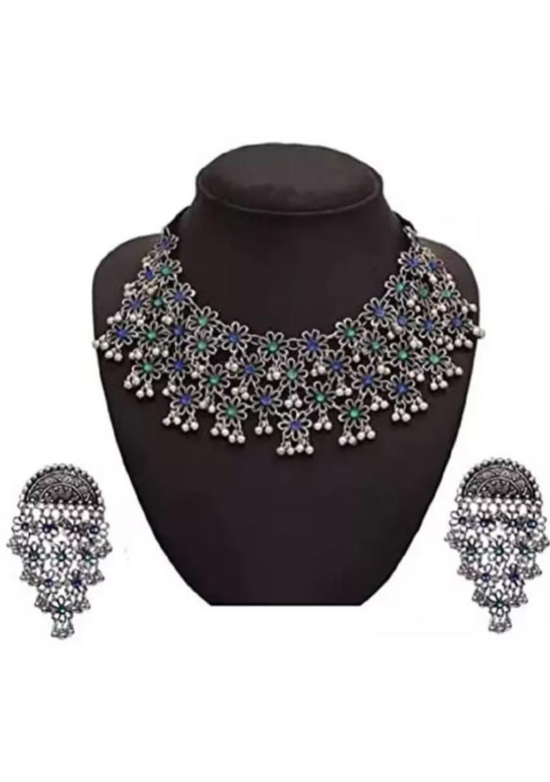 Blue And Green Dots Flower Choker Necklace For Women