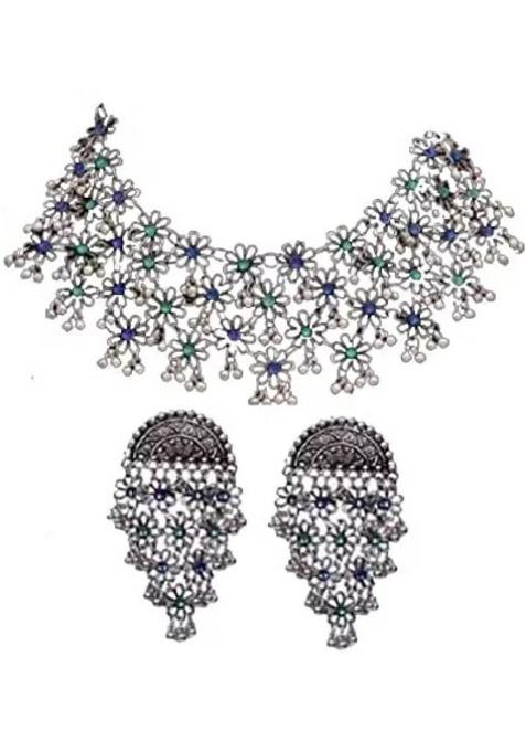 Blue And Green Dots Flower Choker Necklace For Women