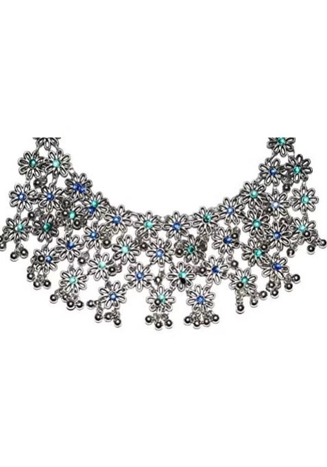 Blue And Green Dots Flower Choker Necklace For Women