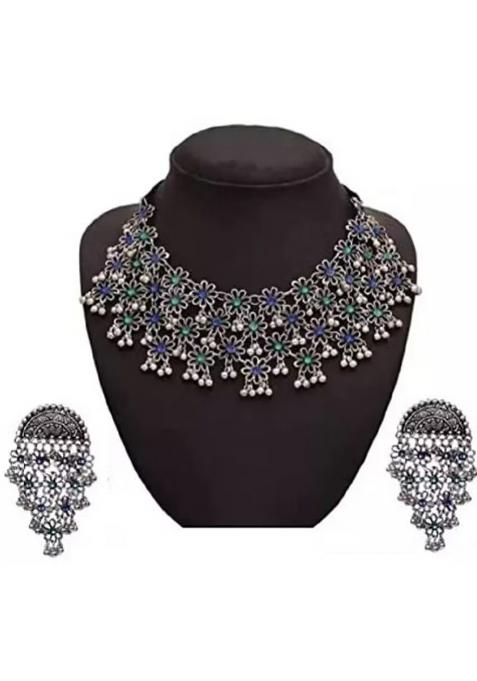 Blue And Green Dots Flower Choker Necklace For Women