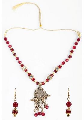 Maroon And Golden Beads Morpankh Flute Pendant Necklace For Women