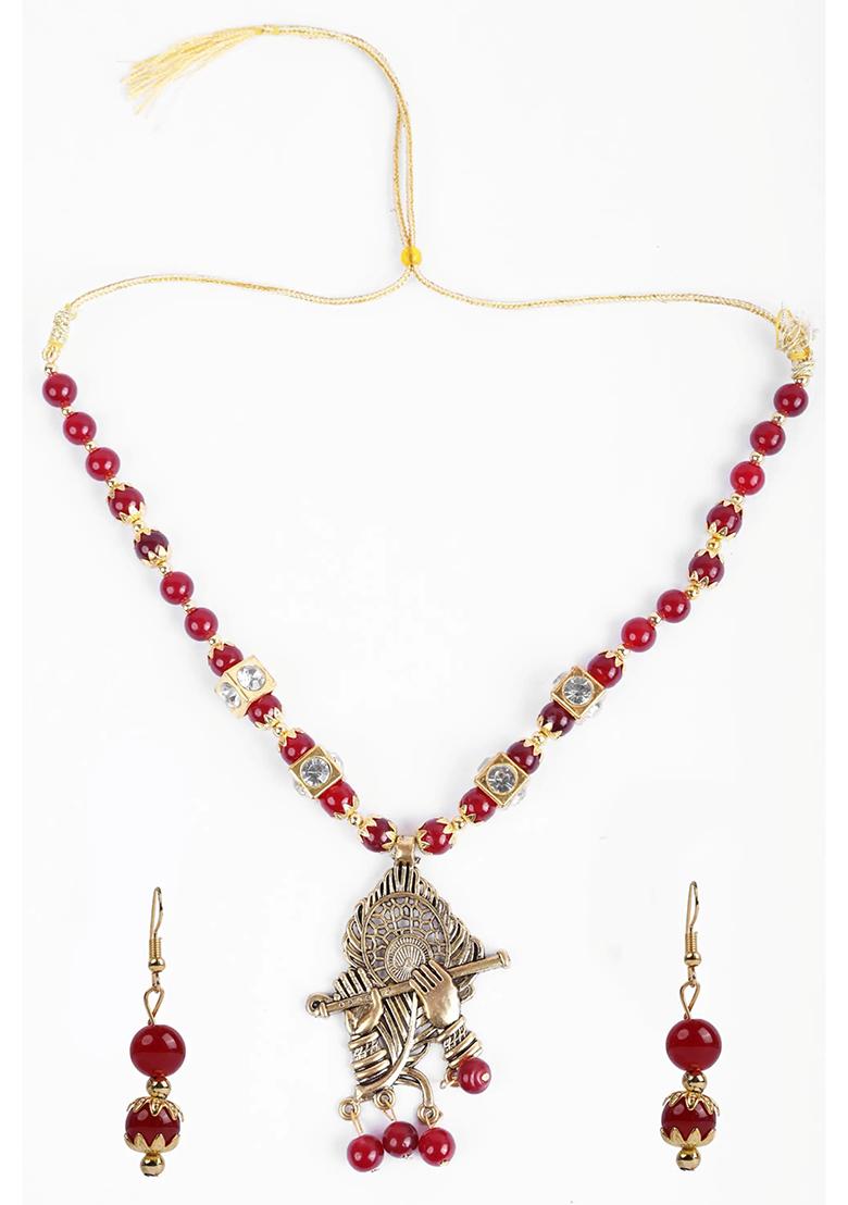 Maroon And Golden Beads Morpankh Flute Pendant Necklace For Women