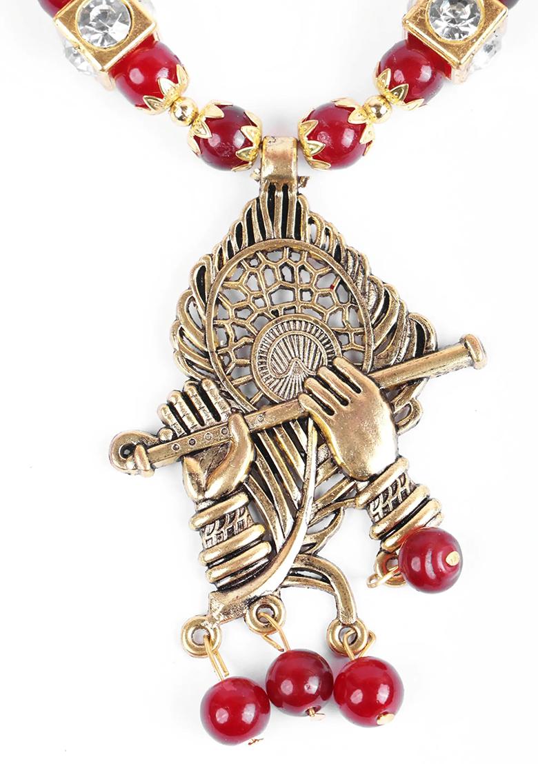 Maroon And Golden Beads Morpankh Flute Pendant Necklace For Women