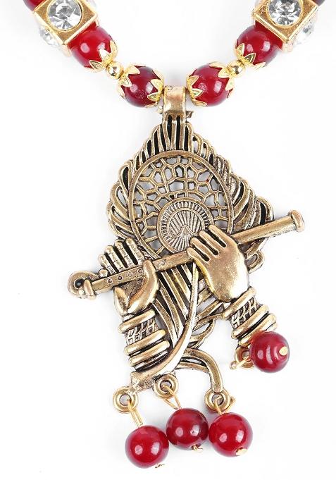 Maroon And Golden Beads Morpankh Flute Pendant Necklace For Women