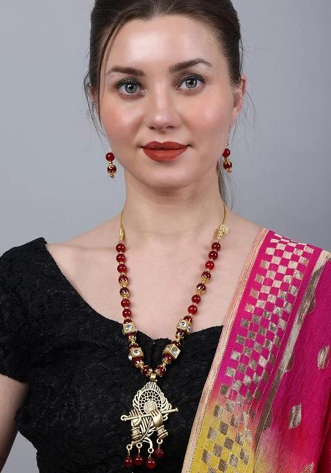 Maroon And Golden Beads Morpankh Flute Pendant Necklace For Women