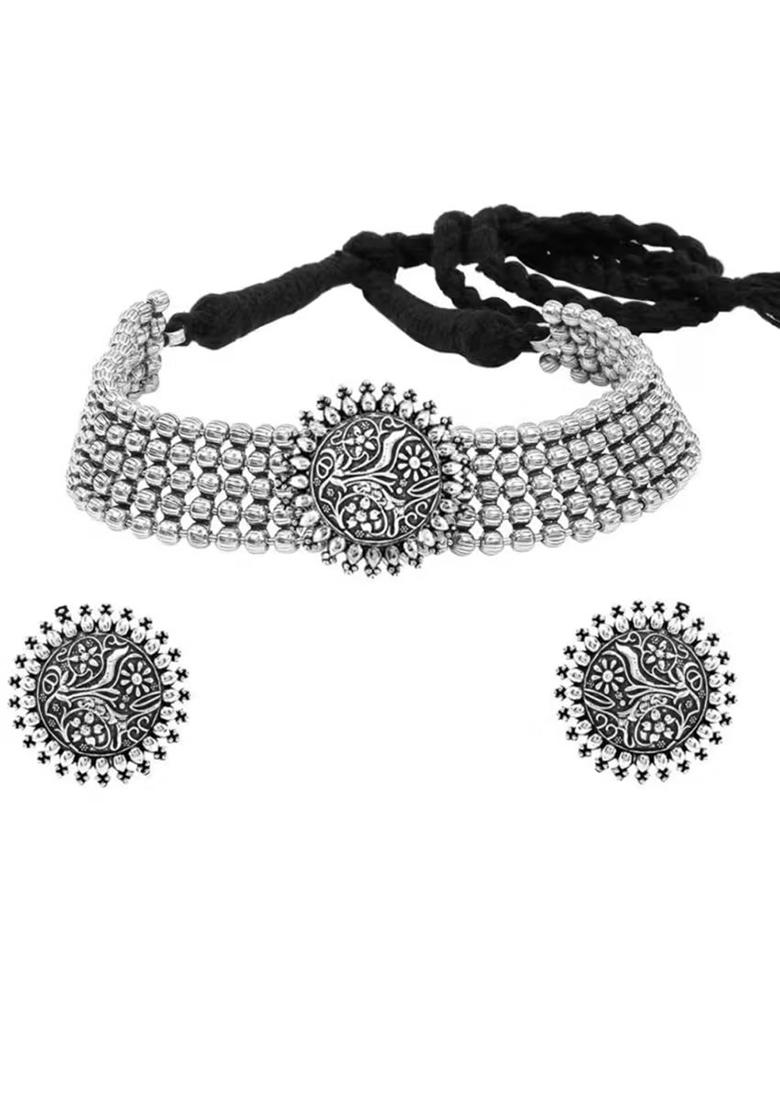 Silver Dotted Oxidised Choker With Meenakari Center For Women