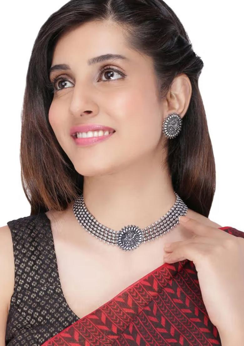 Silver Dotted Oxidised Choker With Meenakari Center For Women