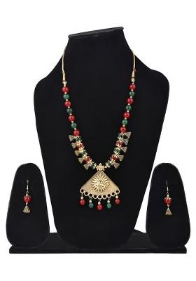 Red And Green Beads Triangle Ganesh Pendant Necklace For Women