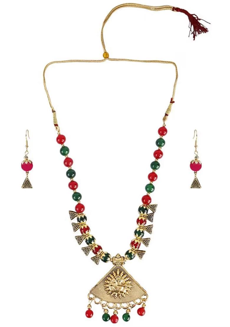 Red And Green Beads Triangle Ganesh Pendant Necklace For Women